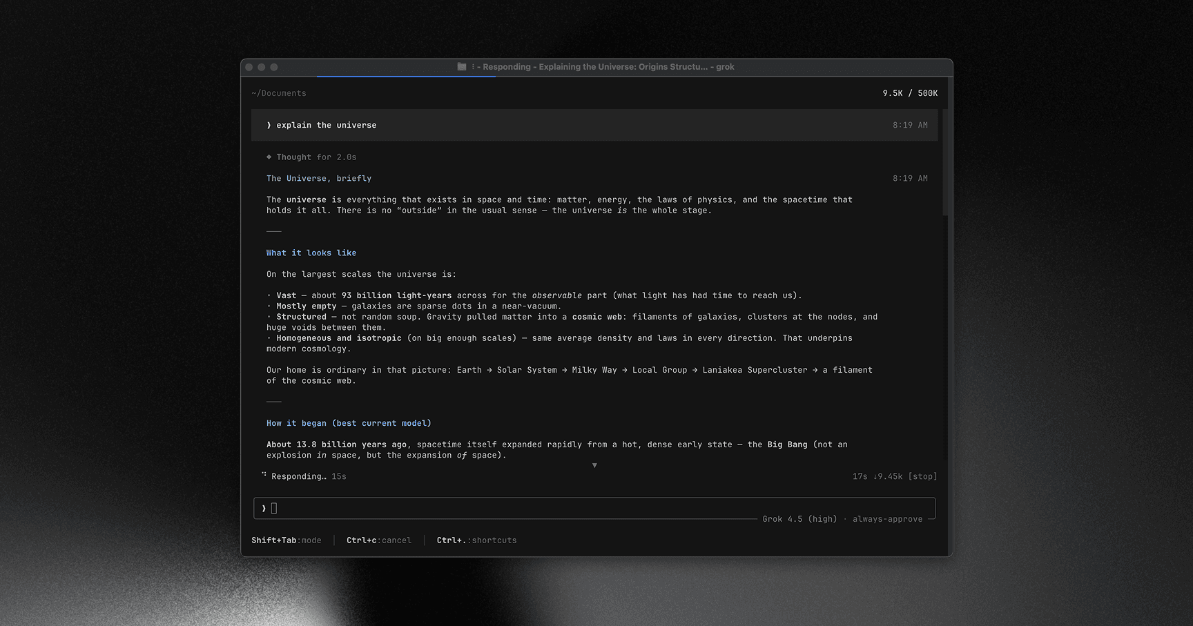 The Grok Build terminal UI mid-response, with the model selector reading Grok 4.5 (high) and a 500K context counter in the corner