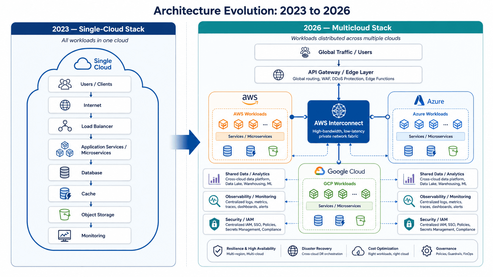 Two-panel architecture diagram showing a 2023 single-cloud stack next to a 2026 multicloud stack connected via AWS Interconnect